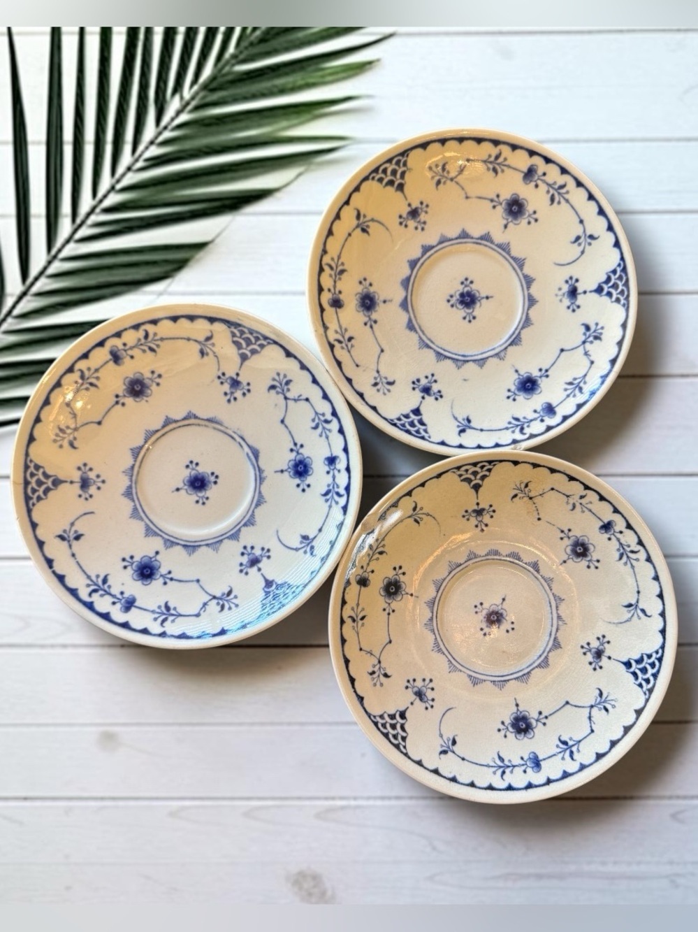 Vintage Furnivals Denmark Blue Tea Cup Saucers Set of 3 English Ironstone